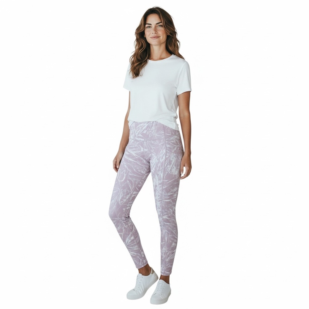 Lavender Pink Floral Palm Leaf High Waisted Leggings with Pockets